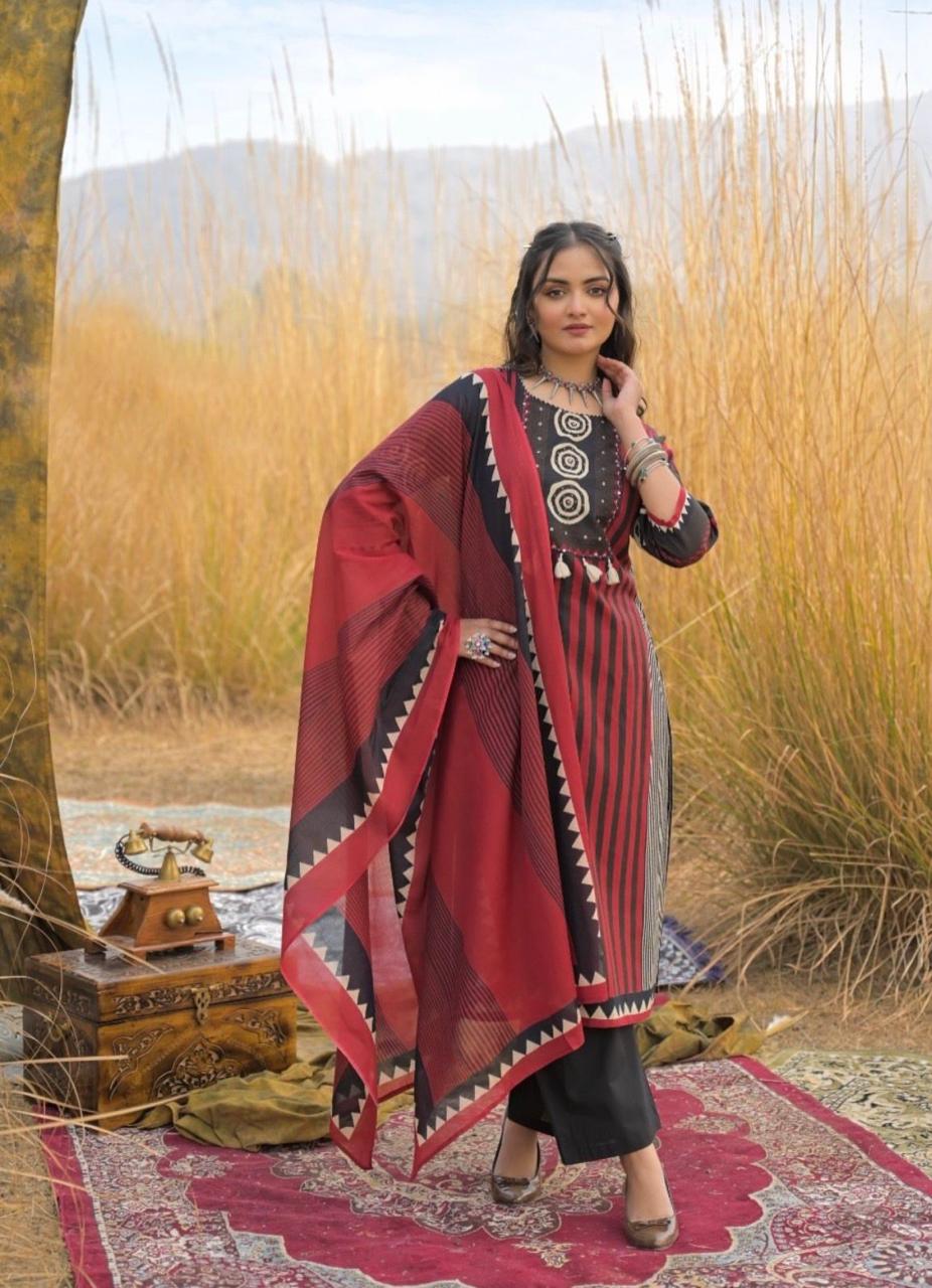 Vamika Heavy Pure Cotton Embroidered Kurti with Pant & Dupatta