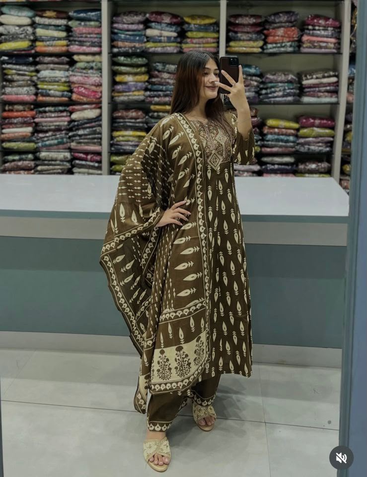 Suhani Sanganeri Print Cotton Straight Kurta with Pant & Dupatta Set