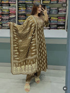 Suhani Sanganeri Print Cotton Straight Kurta with Pant & Dupatta Set