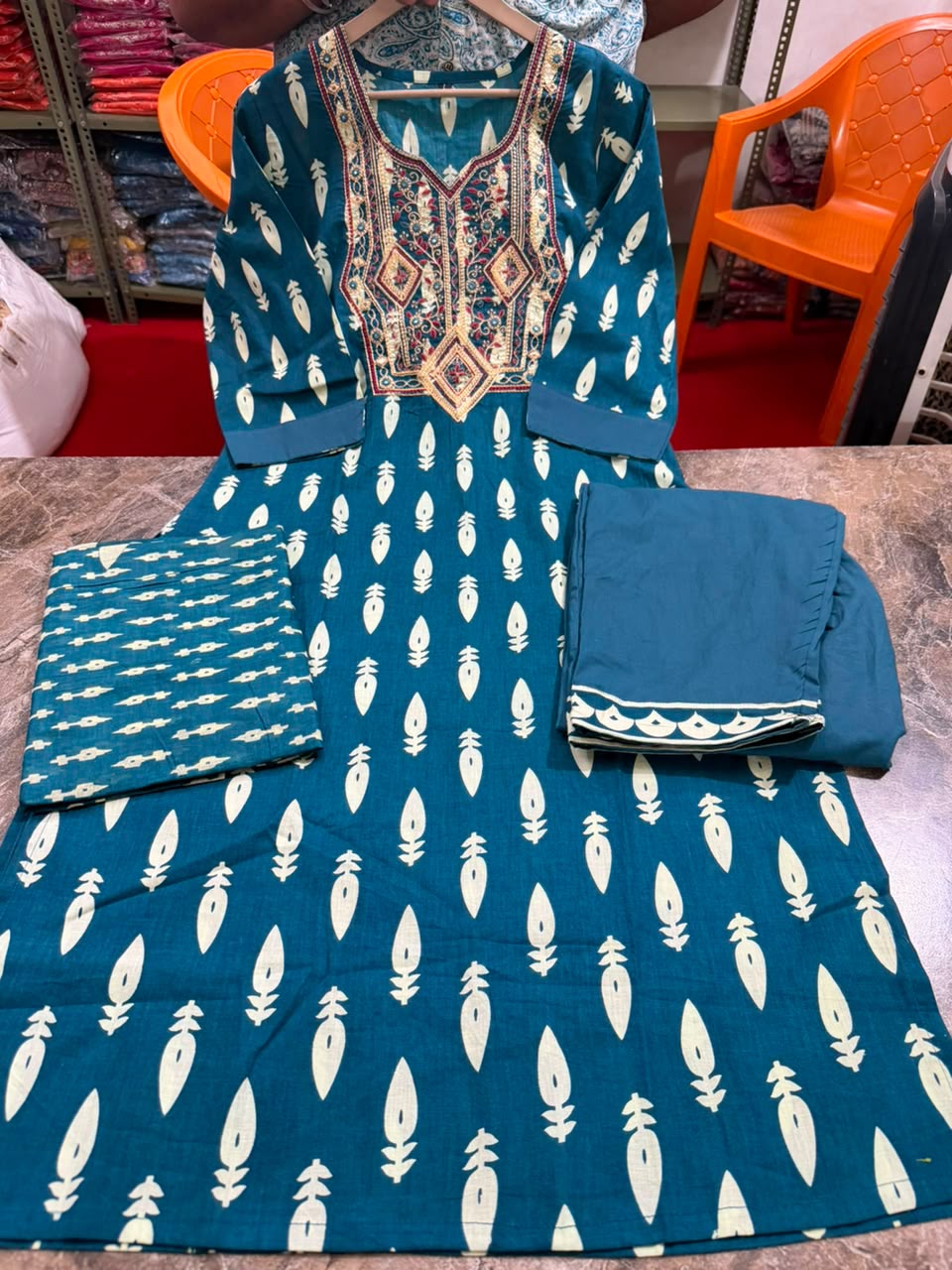 Suhani Sanganeri Print Cotton Straight Kurta with Pant & Dupatta Set