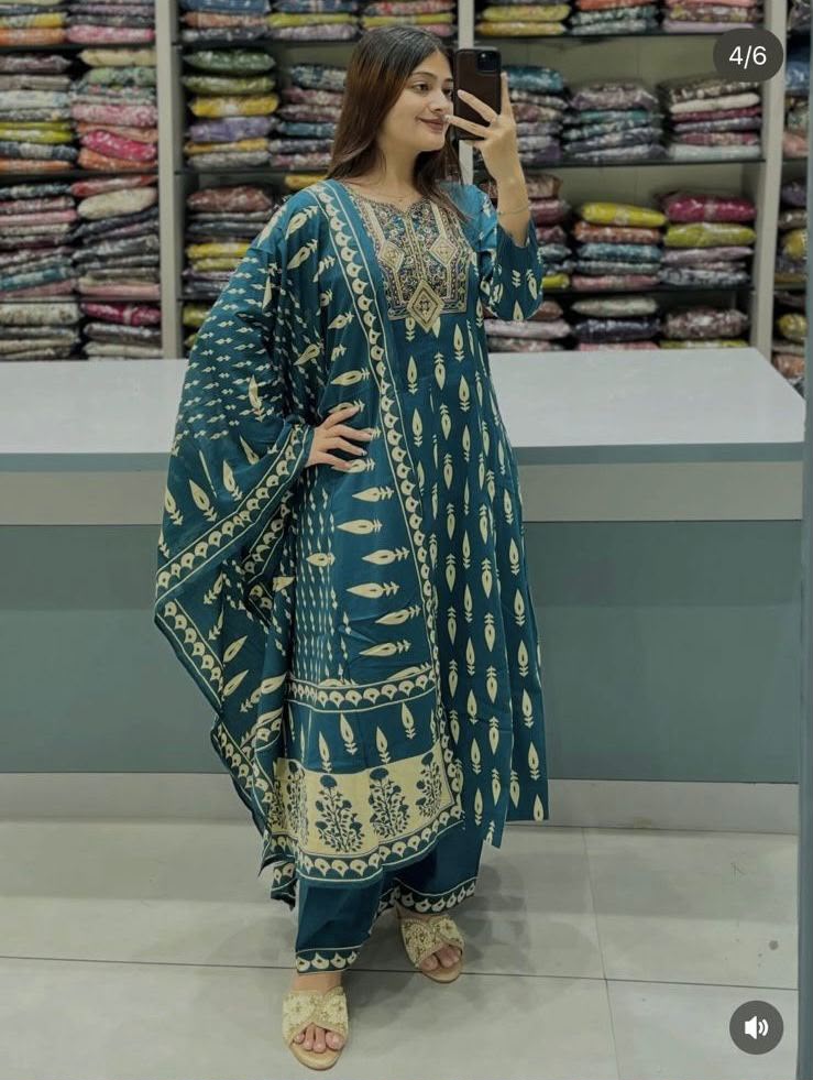 Suhani Sanganeri Print Cotton Straight Kurta with Pant & Dupatta Set