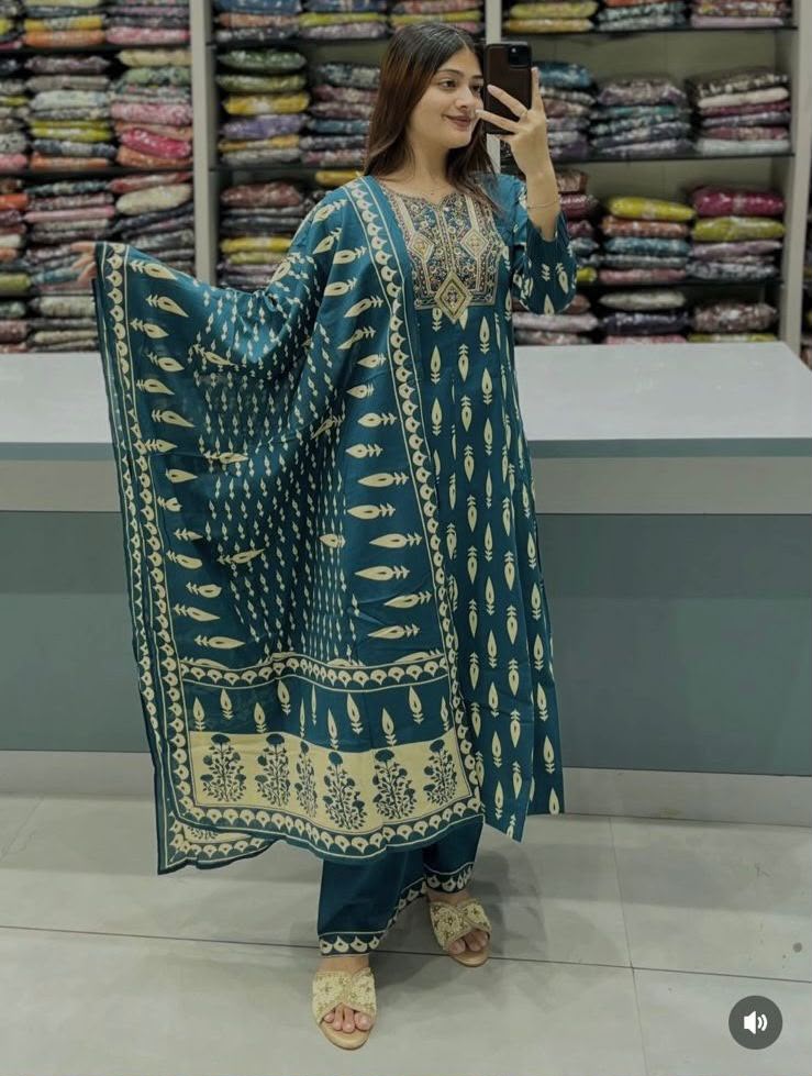 Suhani Sanganeri Print Cotton Straight Kurta with Pant & Dupatta Set