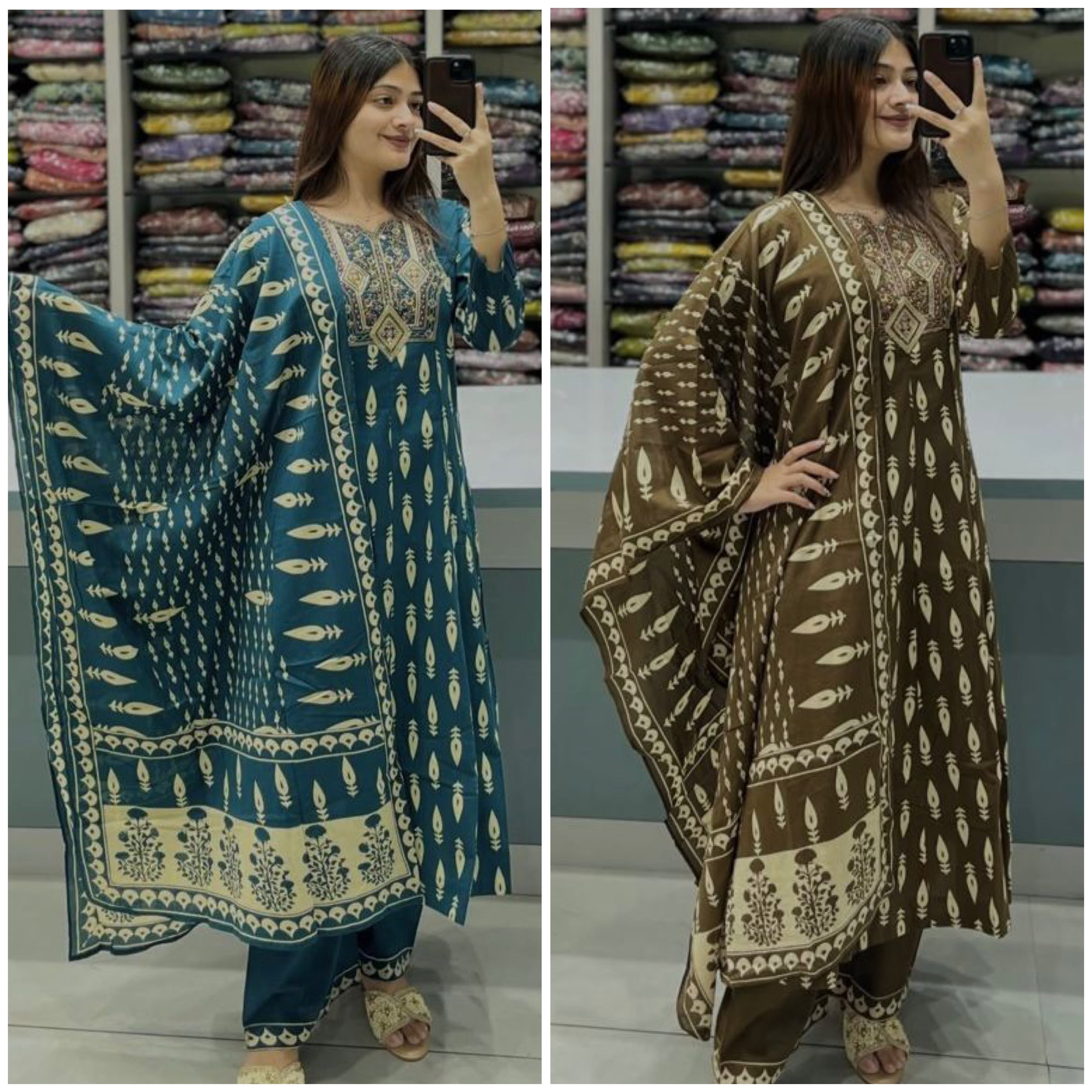 Suhani Sanganeri Print Cotton Straight Kurta with Pant & Dupatta Set