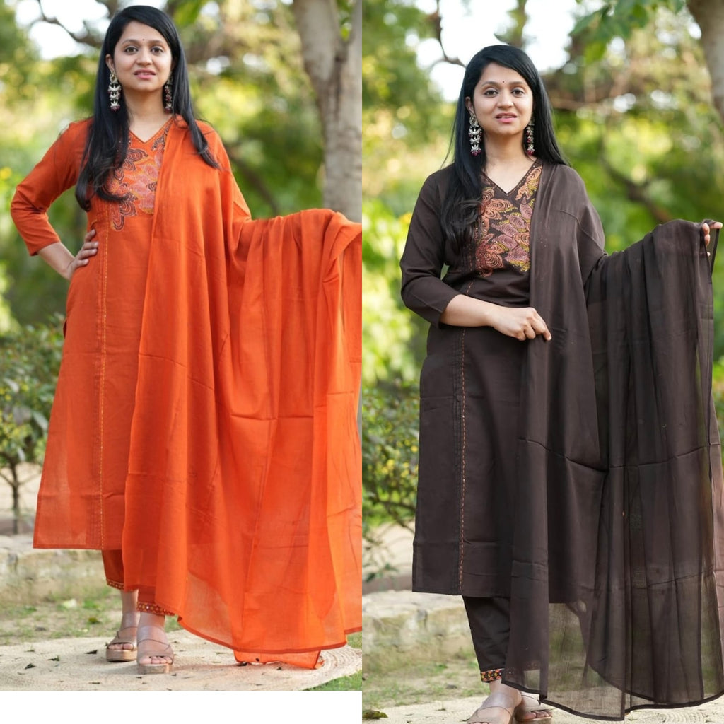 Zivara Pure Cotton Embroidered Kurti with Pant & Mul Cotton Dupatta
