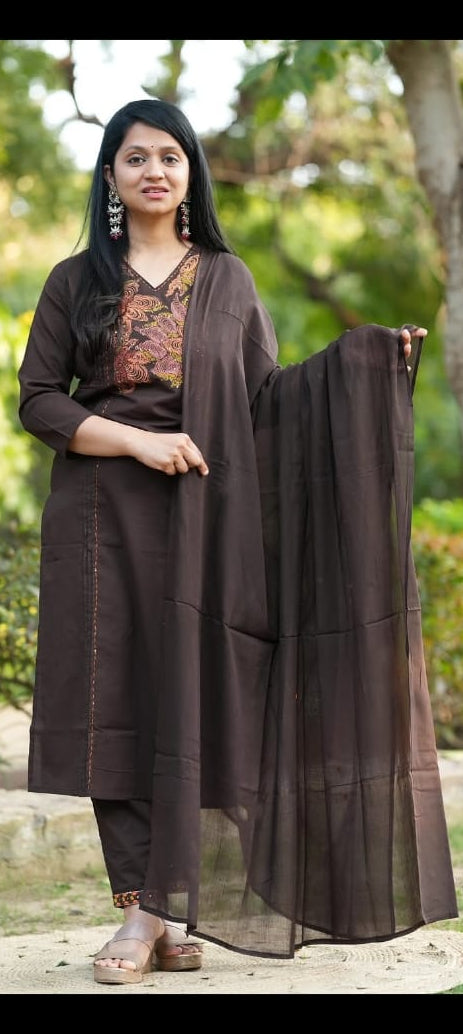 Zivara Pure Cotton Embroidered Kurti with Pant & Mul Cotton Dupatta