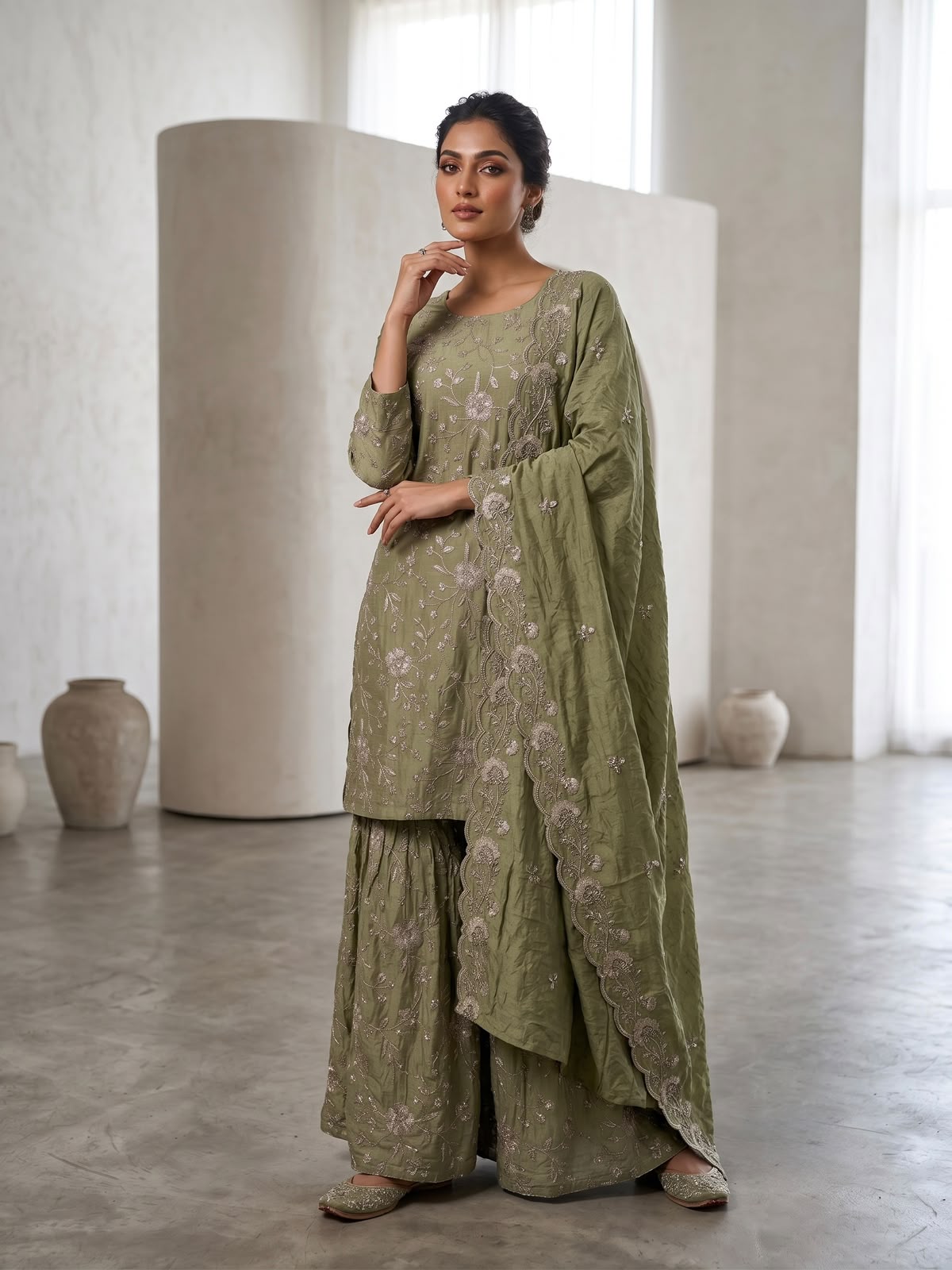Ridhanya Fendi Silk Embroidered Kurta Set with Bottom & Dupatta