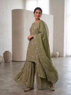 Ridhanya Fendi Silk Embroidered Kurta Set with Bottom & Dupatta