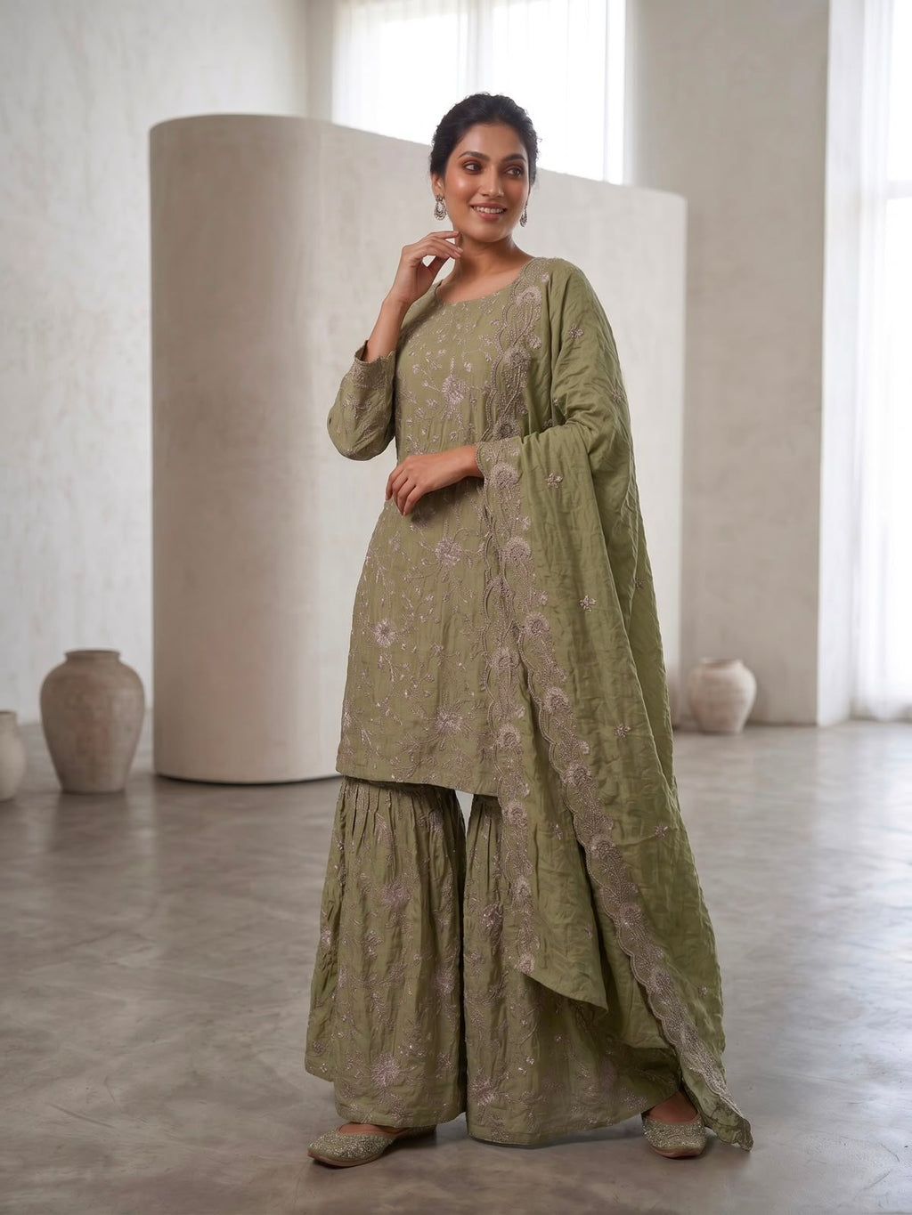 Ridhanya Fendi Silk Embroidered Kurta Set with Bottom & Dupatta
