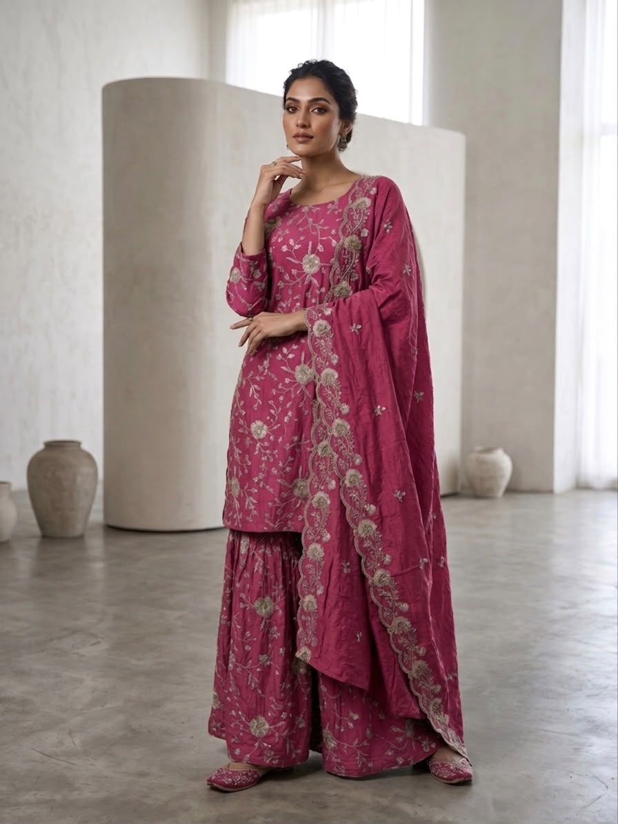 Ridhanya Fendi Silk Embroidered Kurta Set with Bottom & Dupatta