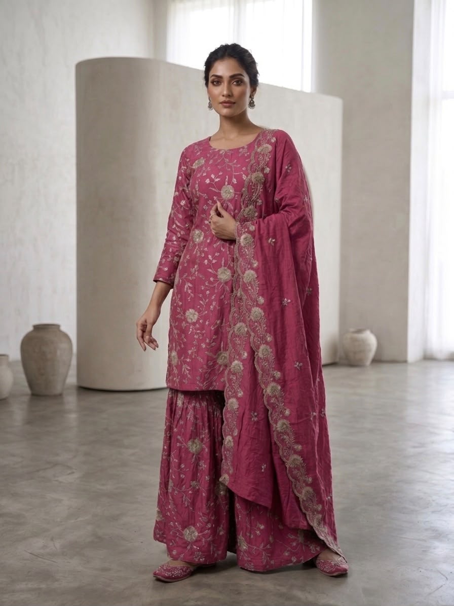 Ridhanya Fendi Silk Embroidered Kurta Set with Bottom & Dupatta