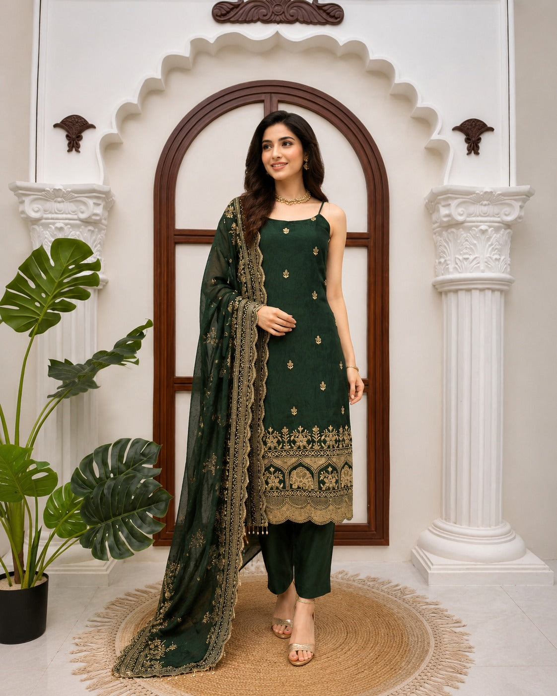 Ethnic Bottle Green Fendy Sequin & Thread Work Silk Suit with Dupatta & Pants
