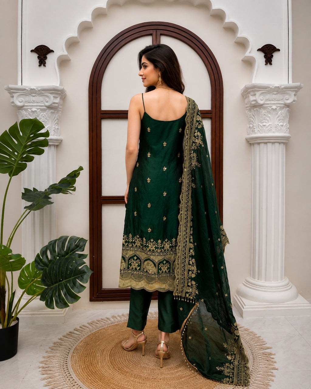 Ethnic Bottle Green Fendy Sequin & Thread Work Silk Suit with Dupatta & Pants
