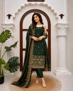 Ethnic Bottle Green Fendy Sequin & Thread Work Silk Suit with Dupatta & Pants