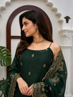 Ethnic Bottle Green Fendy Sequin & Thread Work Silk Suit with Dupatta & Pants