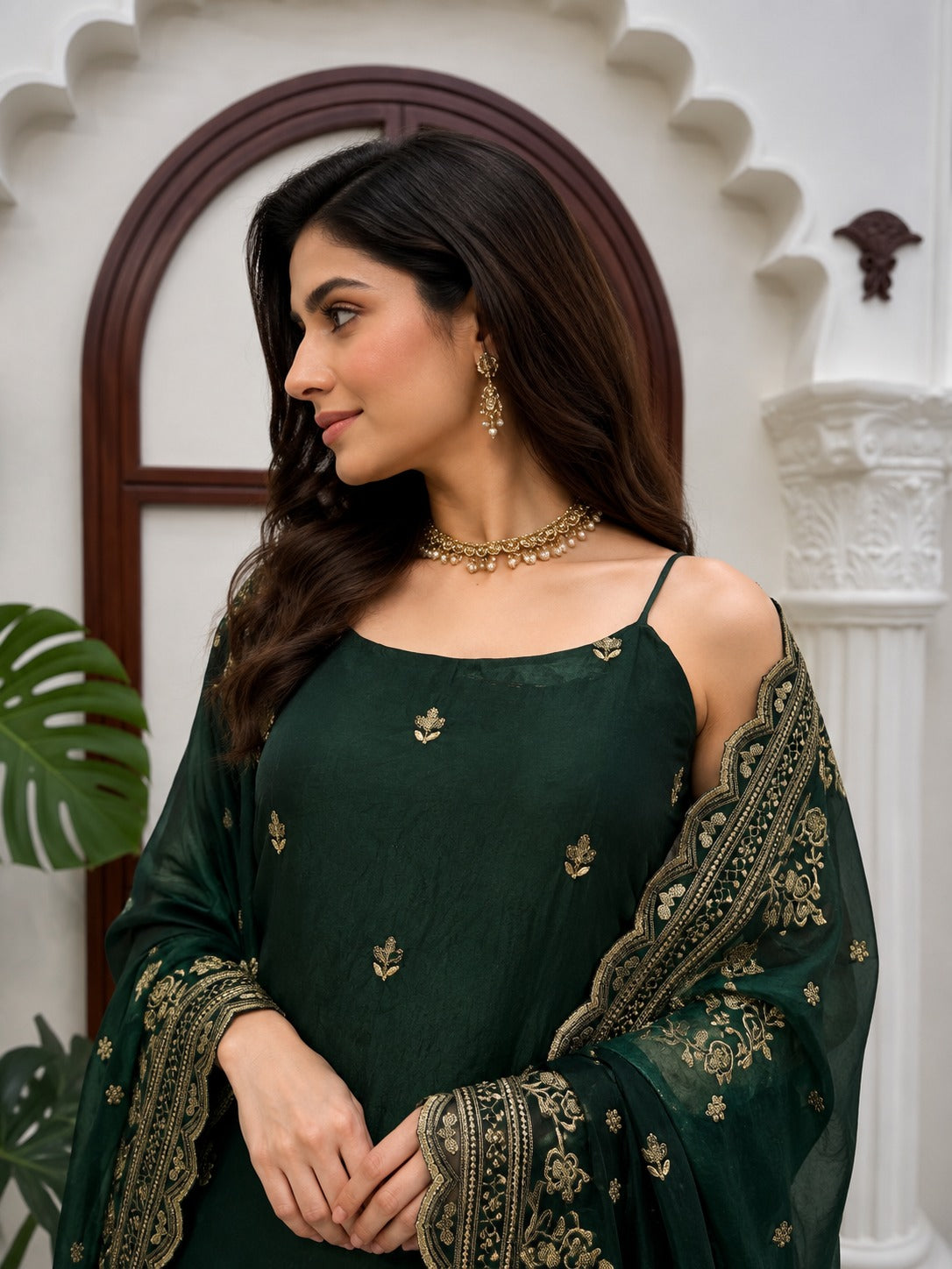 Ethnic Bottle Green Fendy Sequin & Thread Work Silk Suit with Dupatta & Pants