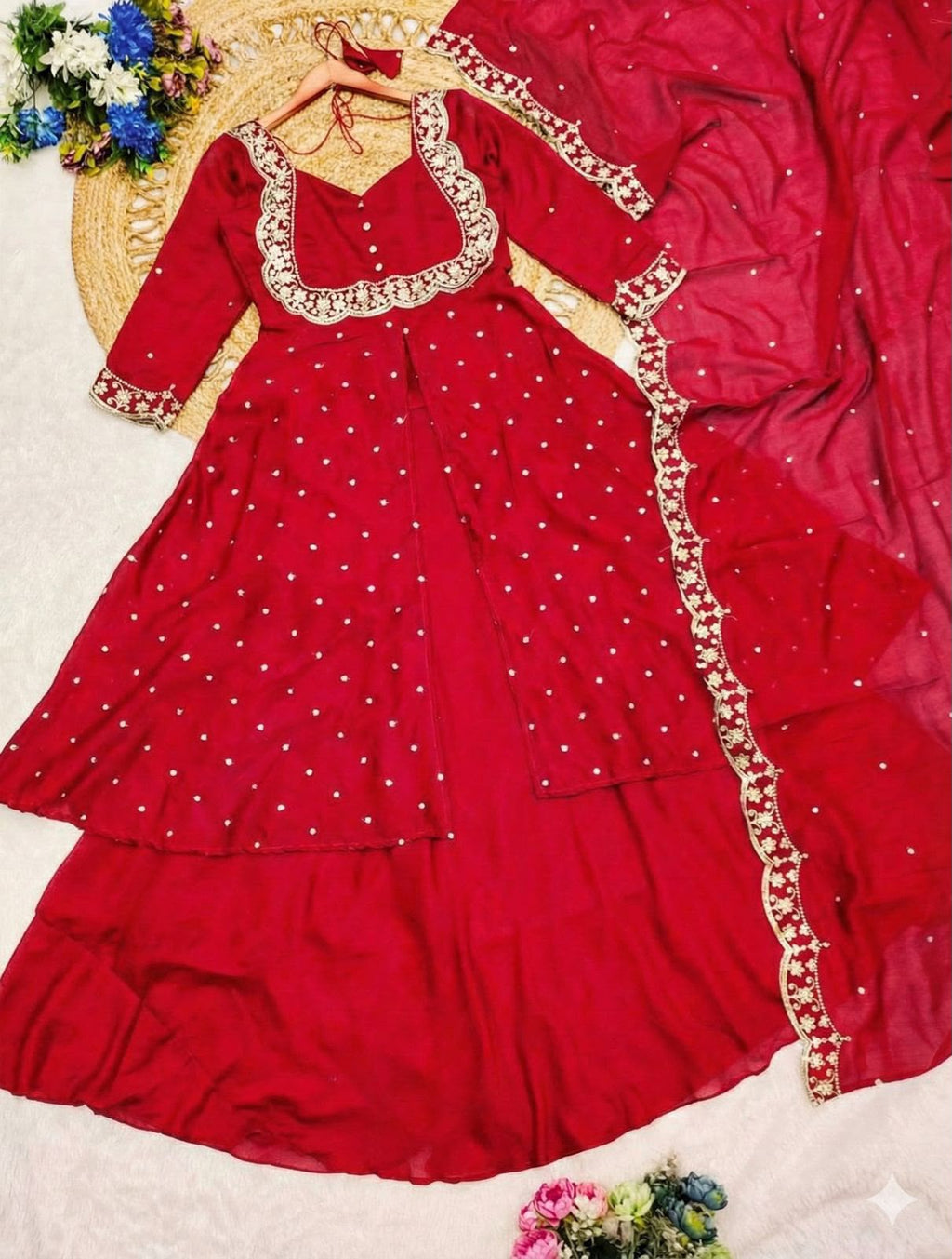 Premium Vichitra Silk Anarkali Set with Sequins & Zari Embroidery