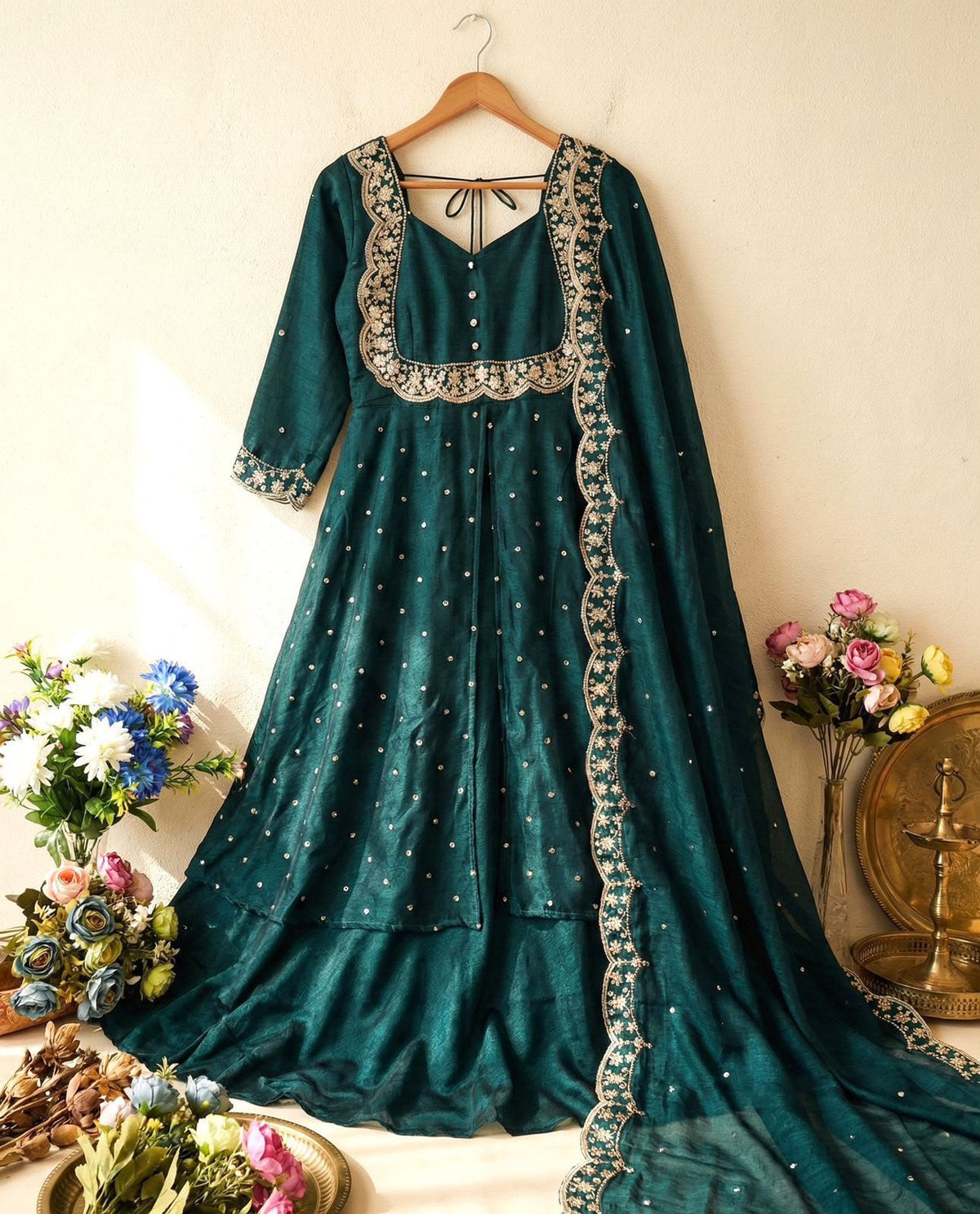 Premium Vichitra Silk Anarkali Set with Sequins & Zari Embroidery