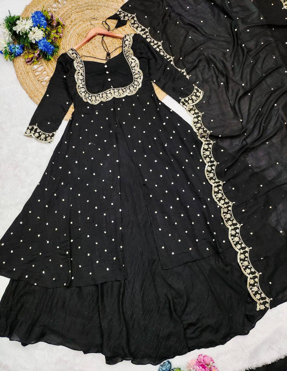 Premium Vichitra Silk Anarkali Set with Sequins & Zari Embroidery