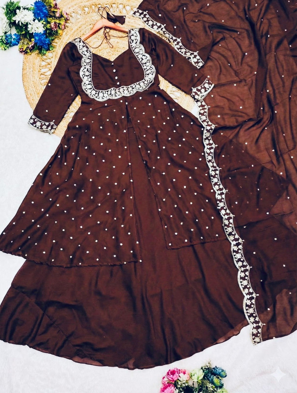 Premium Vichitra Silk Anarkali Set with Sequins & Zari Embroidery