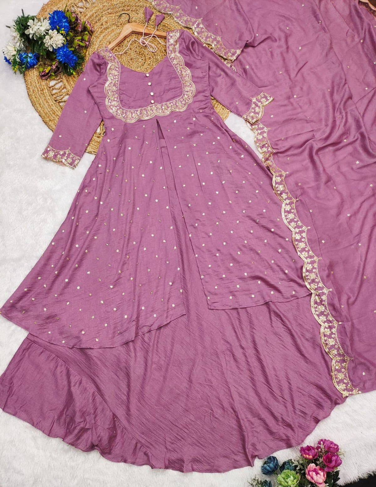 Premium Vichitra Silk Anarkali Set with Sequins & Zari Embroidery