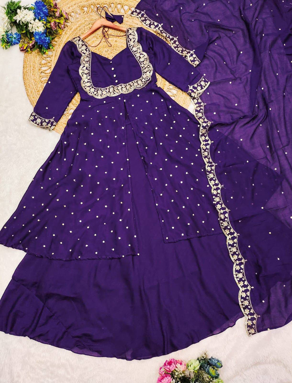 Premium Vichitra Silk Anarkali Set with Sequins & Zari Embroidery