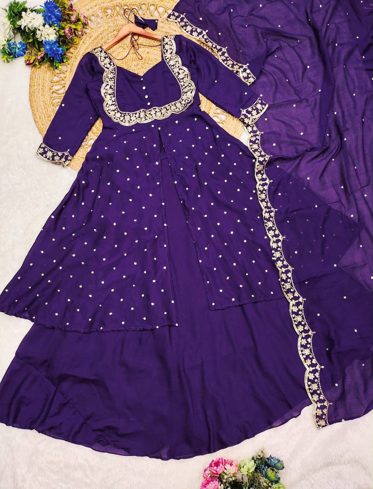 Premium Vichitra Silk Anarkali Set with Sequins & Zari Embroidery