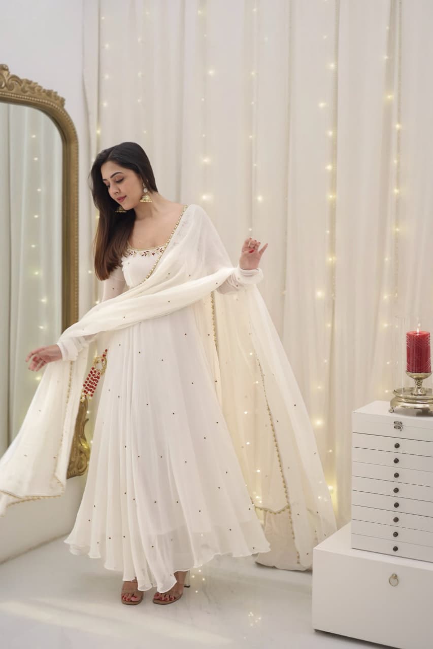 Ivanyaa White Georgette Zari Embroidery Gown Set with Pant & Matching Dupatta