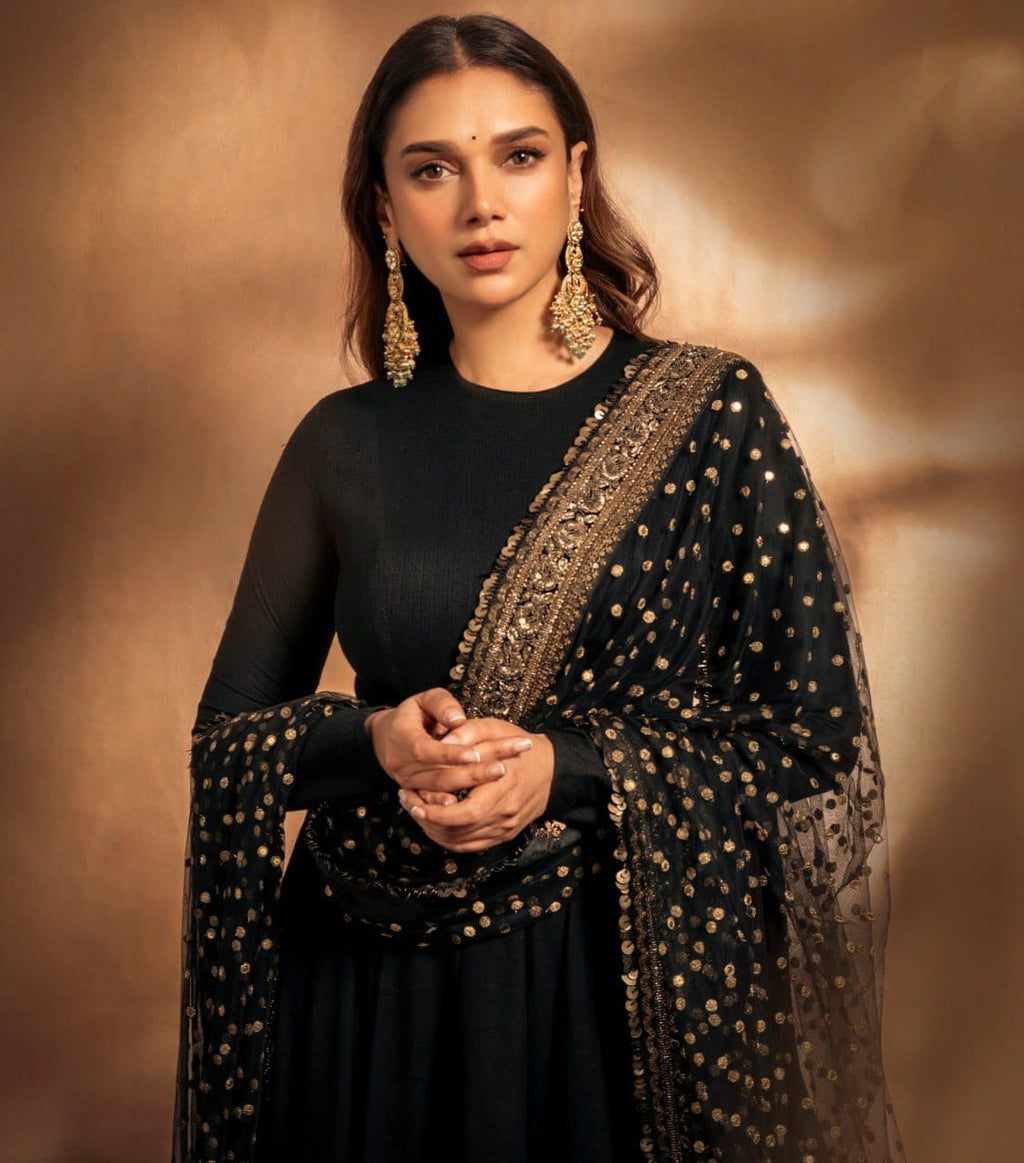 Aditi Black Rayon Cotton Zari Sequin Embroidery Gown with Pant & Dupatta