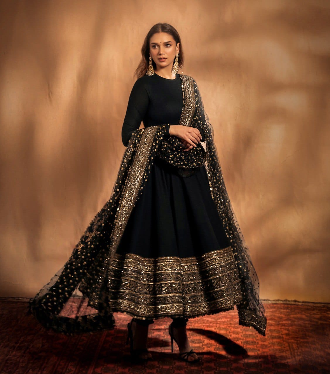 Aditi Black Rayon Cotton Zari Sequin Embroidery Gown with Pant & Dupatta