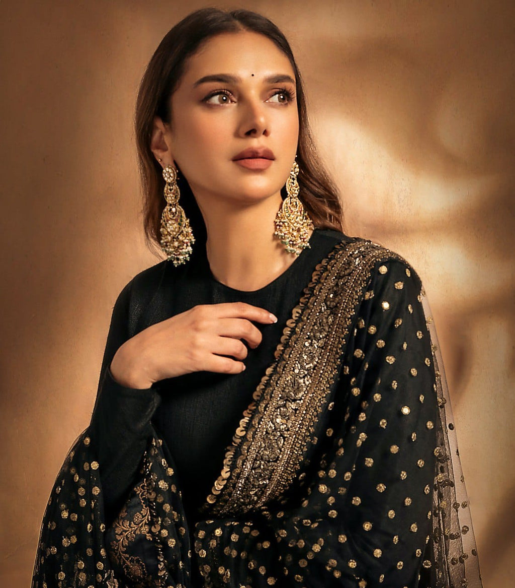 Aditi Black Rayon Cotton Zari Sequin Embroidery Gown with Pant & Dupatta