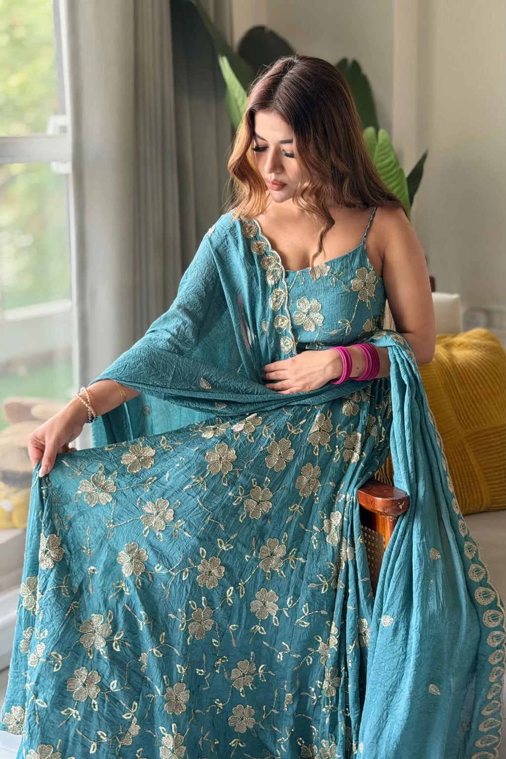 Vyanika Crunchy Silk Gown Set with Embroidery & Sequin Work