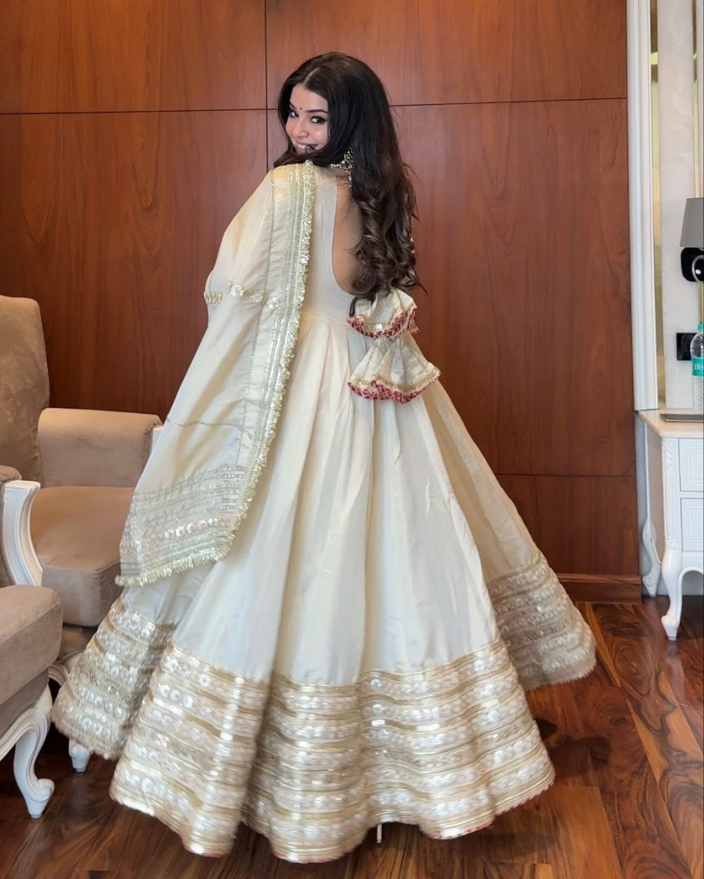 Sharanya Off White Chinon Zari Sequins Embroidered Gown with Pant & Cutwork Dupatta