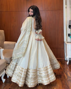 Sharanya Off White Chinon Zari Sequins Embroidered Gown with Pant & Cutwork Dupatta