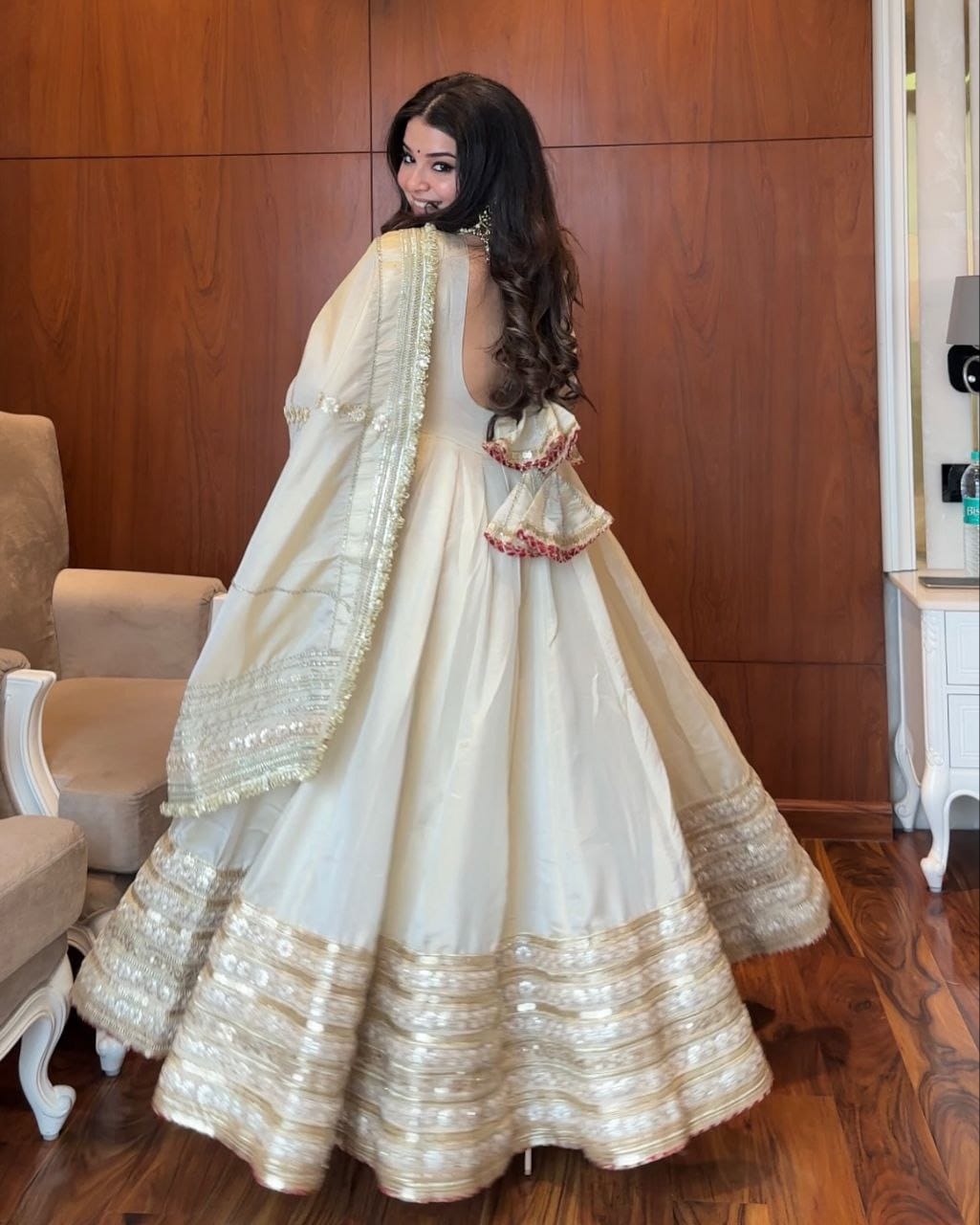 Sharanya Off White Chinon Zari Sequins Embroidered Gown with Pant & Cutwork Dupatta