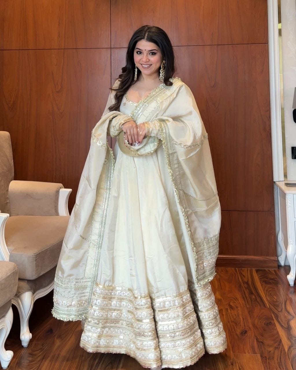 Sharanya Off White Chinon Zari Sequins Embroidered Gown with Pant & Cutwork Dupatta