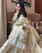 Sharanya Off White Chinon Zari Sequins Embroidered Gown with Pant & Cutwork Dupatta