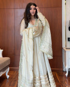 Sharanya Off White Chinon Zari Sequins Embroidered Gown with Pant & Cutwork Dupatta