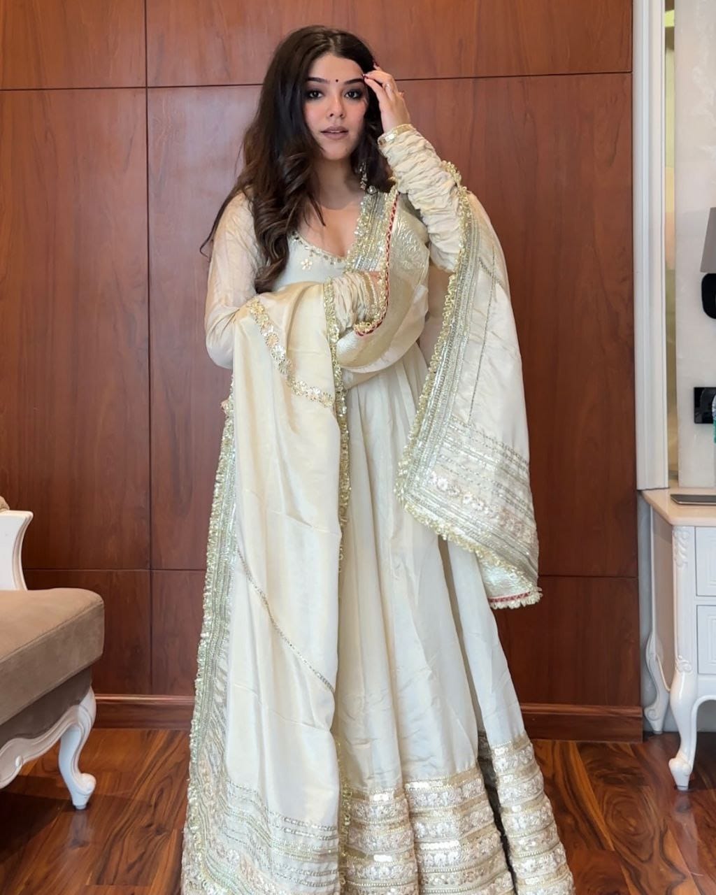 Sharanya Off White Chinon Zari Sequins Embroidered Gown with Pant & Cutwork Dupatta