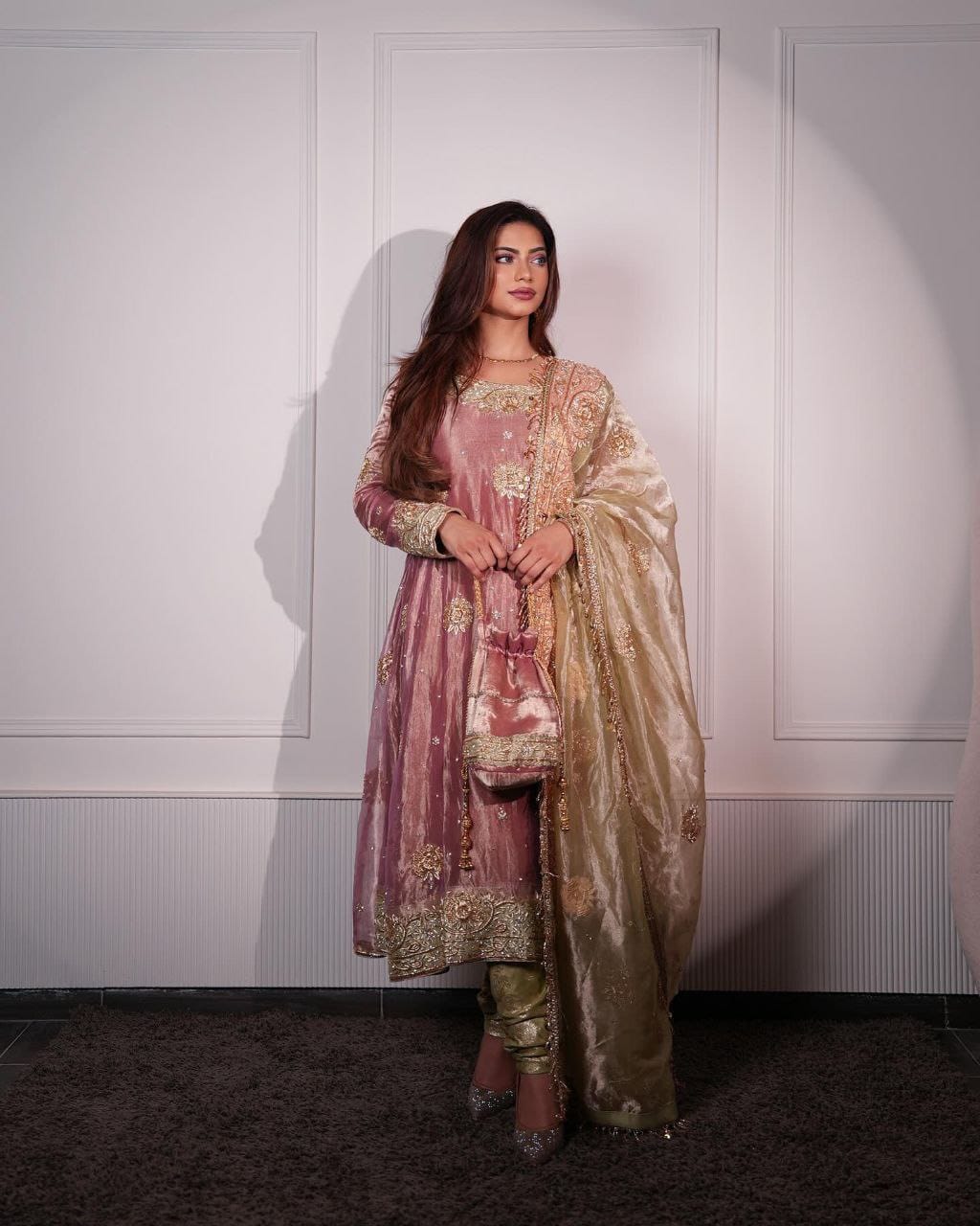 Premium Peach Sequins & Embroidered Work Gown with Pant & Cutwork Dupatta