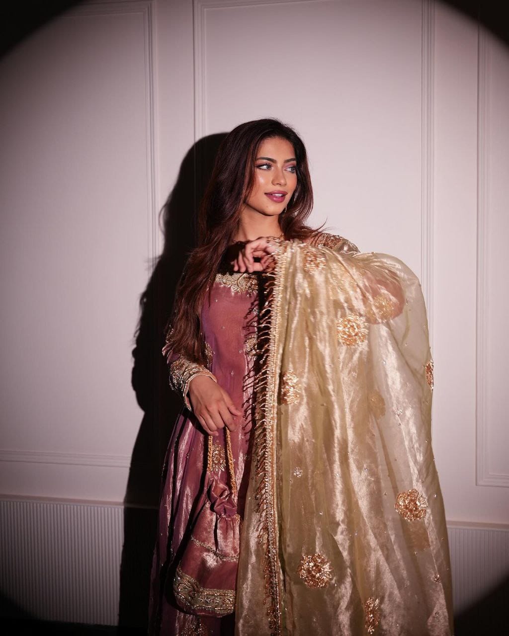 Premium Peach Sequins & Embroidered Work Gown with Pant & Cutwork Dupatta