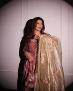 Premium Peach Sequins & Embroidered Work Gown with Pant & Cutwork Dupatta