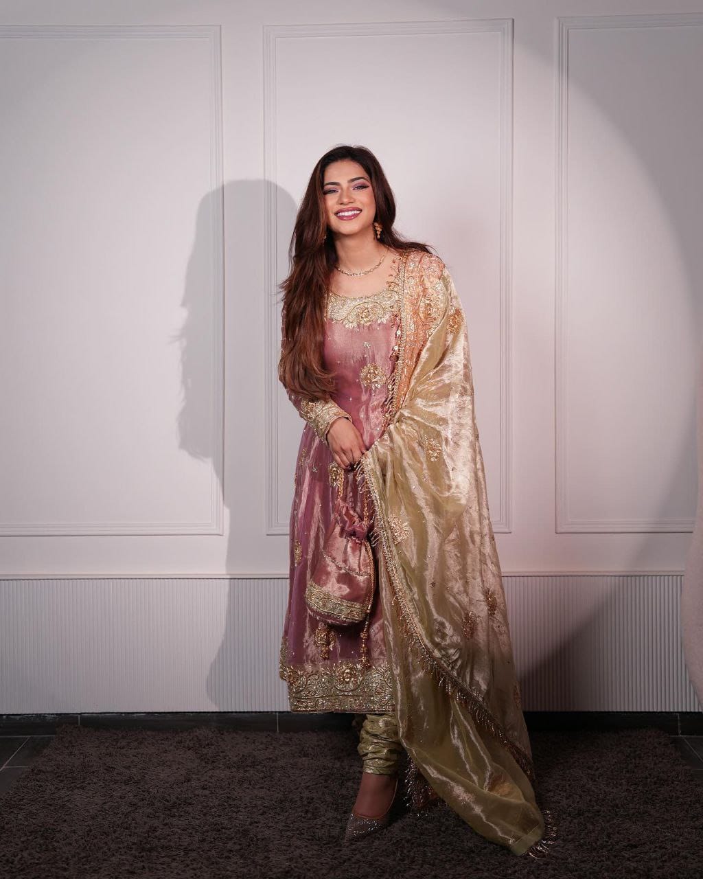 Premium Peach Sequins & Embroidered Work Gown with Pant & Cutwork Dupatta