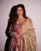 Premium Peach Sequins & Embroidered Work Gown with Pant & Cutwork Dupatta