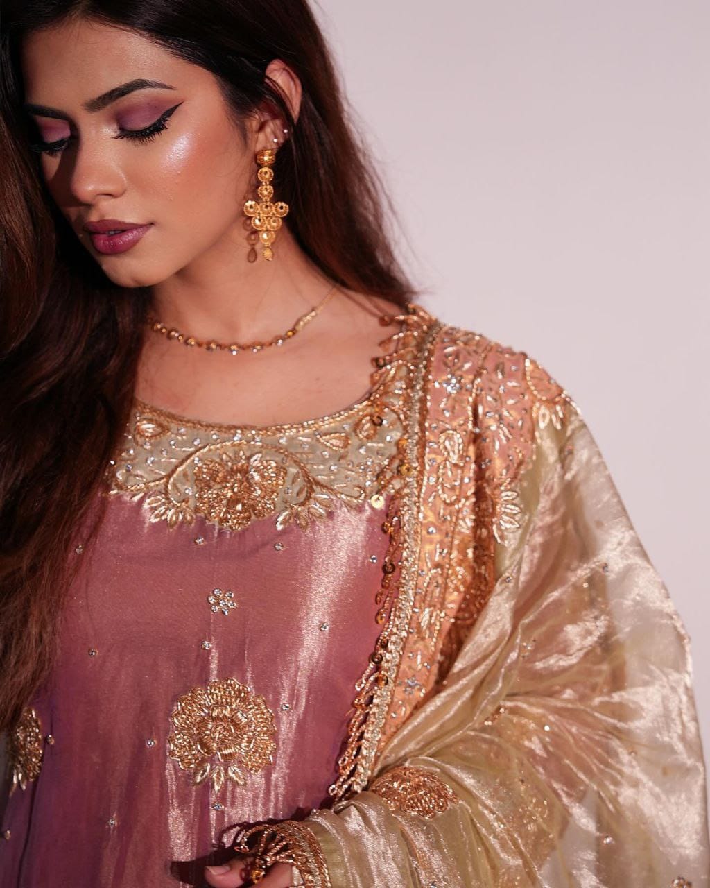 Premium Peach Sequins & Embroidered Work Gown with Pant & Cutwork Dupatta
