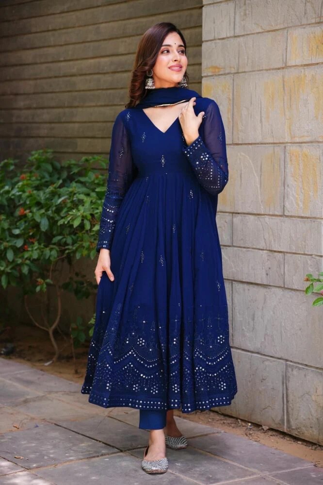 Kaira Georgette Gown with Latkan Dori & Lace Sleeves with Pant & Dupatta