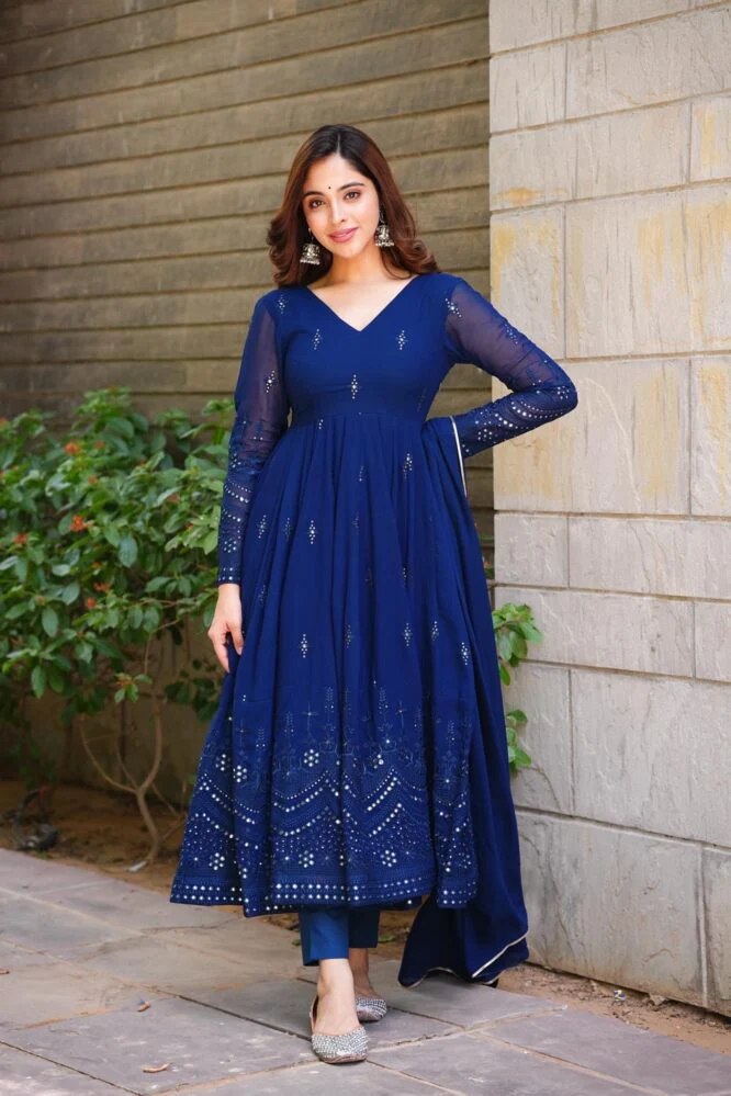 Kaira Georgette Gown with Latkan Dori & Lace Sleeves with Pant & Dupatta