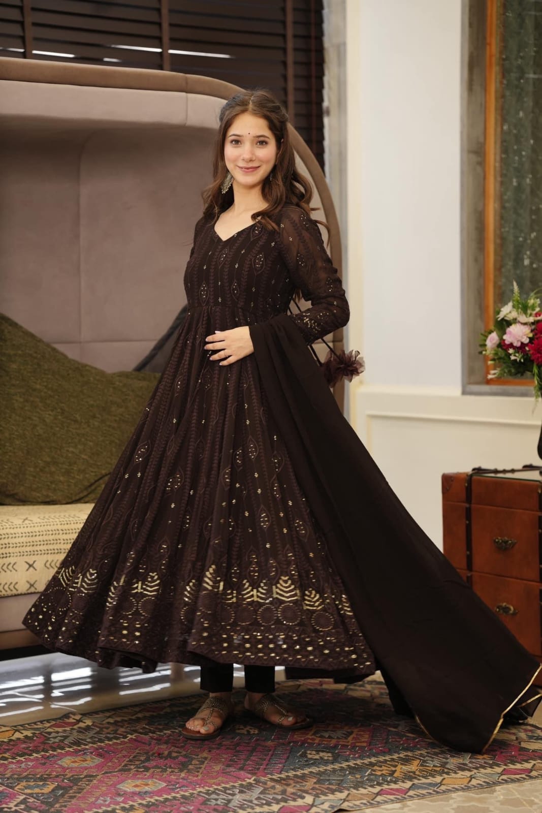 Aanya Georgette Embroidered Kali Cut Kurta with Cotton Pant & Dupatta