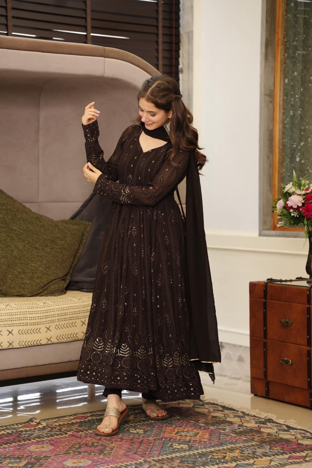 Aanya Georgette Embroidered Kali Cut Kurta with Cotton Pant & Dupatta