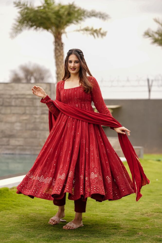 Aanya Georgette Embroidered Kali Cut Kurta with Cotton Pant & Dupatta