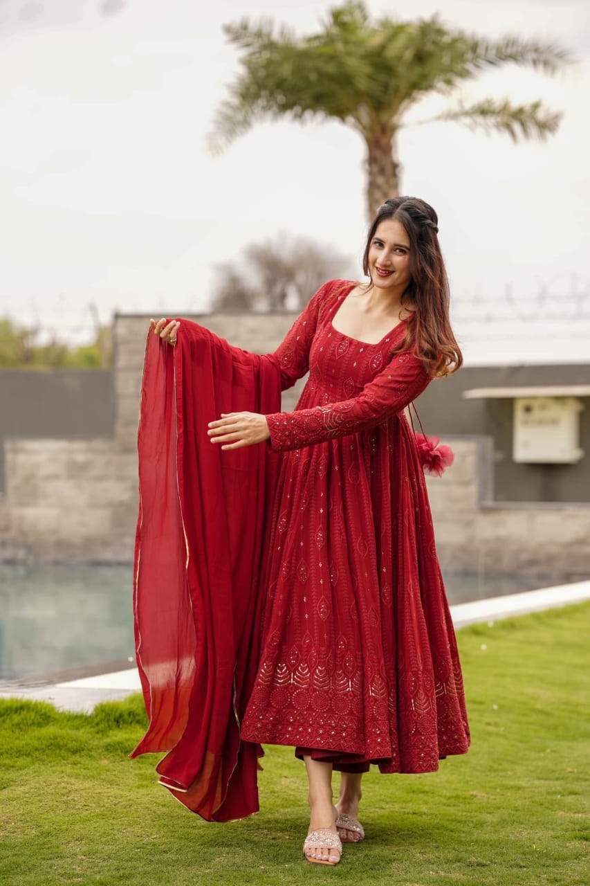 Aanya Georgette Embroidered Kali Cut Kurta with Cotton Pant & Dupatta